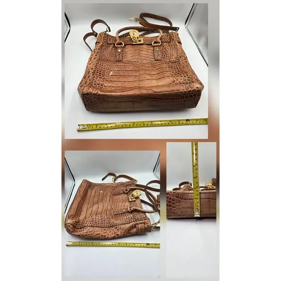 Michael‎ Kors Crocodile Embossed Leather Tote Shoulder Bag Brown Gold Lock Key - Picture 4 of 12